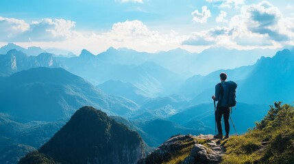 A hiker stands on a mountain peak looking at the vast landscape. The sun shines brightly through clouds. This image captures adventure and exploration in nature. Adventure awaits. AI