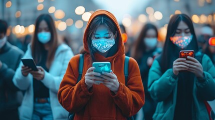 A diverse group of people wearing masks, focused on their smartphones with holographic screens, in a busy city street setting