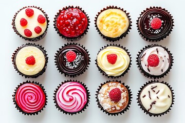 Assortment of Delicious Cupcakes with Raspberry Toppings.