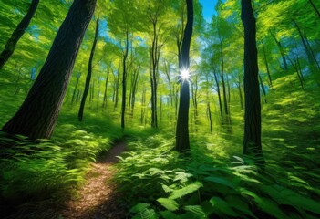 Obraz premium mesmerizing forest views featuring vibrant leaf designs lush greenery under bright blue sky, trees, foliage, landscape, plants, sunlight, colors, nature