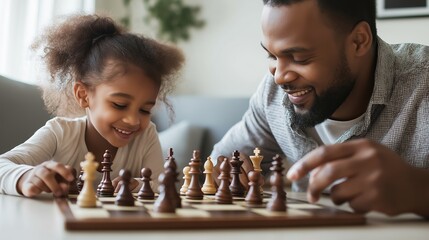 A father and daughter of different ethnicities enjoy playing chess together in a cozy living room setting