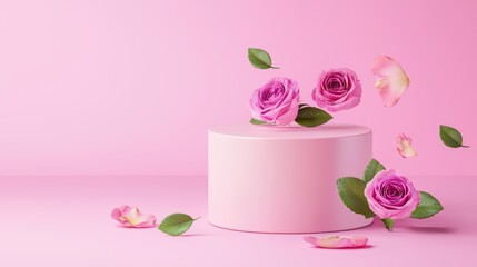 Obraz premium Floating pastel roses with green leaves around a sleek pink podium, isolated on pink background. Ideal for beauty or skincare promotions, adding a soft, romantic aesthetic to product displays.