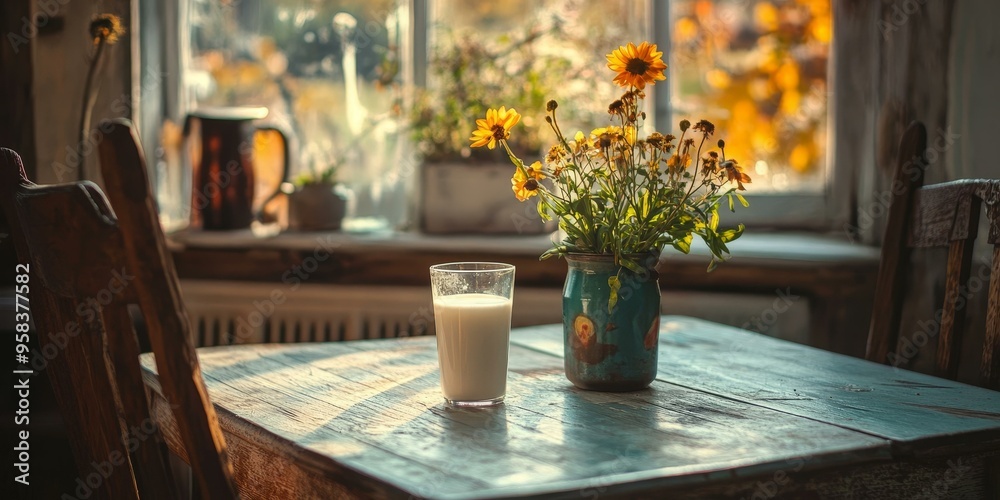 Sticker Rustic table with milk, flowers, and wooden chairs.