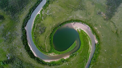 Aerial view of a winding river cutting through a textured landscape, with natural patterns emphasizing the form and flow of the terrain.