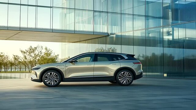 essence of modern automotive innovation with a sleek BYD SUV parked diagonally in front of a futuristic technology hall, providing ample copy space against a minimalist light-colored background