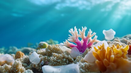 Coral polyps struggling to survive in a reef affected by microplastic contamination, representing ecosystem disruption.