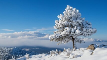 A Serene Snowy Landscape with a Tree Against the Sky