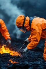 Fototapeta premium Scientists in protective gear examine molten lava at a volcanic site, showcasing the intensity of geological research and exploration.