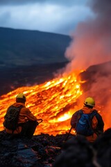 Two explorers observe a spectacular volcanic eruption, showcasing the raw power and beauty of nature's fiery display.