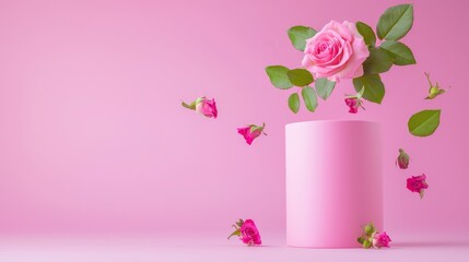 Delicate roses and green leaves suspended around a cylindrical pink podium, isolated on pink. Perfect for advertising feminine products or as a backdrop for bridal or beauty-related content.