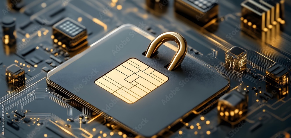 Poster close-up of a secure microchip with a lock, representing advanced technology and data protection in 