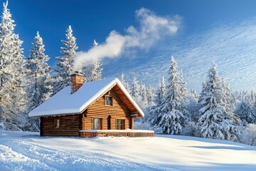 Snowy Cabin in a Winter Forest with Smoke Rising from Chimney