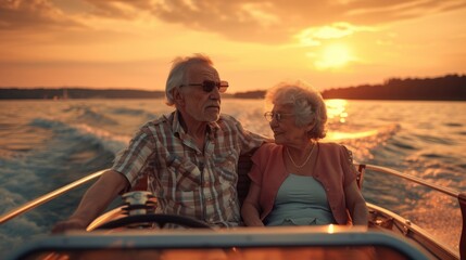 Fototapeta premium An elderly couple rides in a boat on a serene lake at sunset