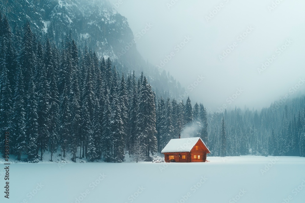 Wall mural A Small Cabin Amidst Snowy Pines and a Frozen Lake