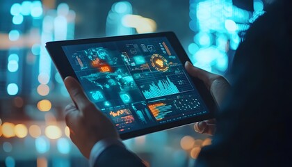 Person Holding Tablet with Digital Interface Showing World Map and Data