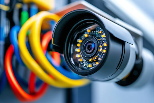 close-up of the wiring and connections behind a CCTV security camera