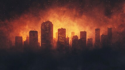 A fiery skyline of a city engulfed in flames and smoke, creating a dramatic and intense atmosphere.