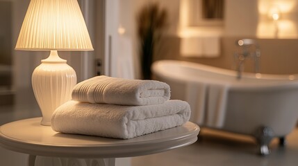 Elegant Bathroom Interior with White Towels, Porcelain Lamp, and Soft Mood Lighting. Vintage-chic Style and Pastel Accents in High-definition Product Photography.