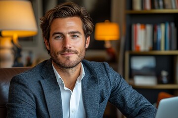 Fototapeta premium Confident businessman in a suit, smiling at his desk with a laptop in a modern office