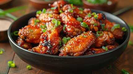 Fototapeta premium Close-up of a bowl of glazed chicken wings with sesame seeds and green onions on a wooden table.