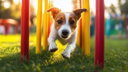 Happy Dog Running Through Agility Course.