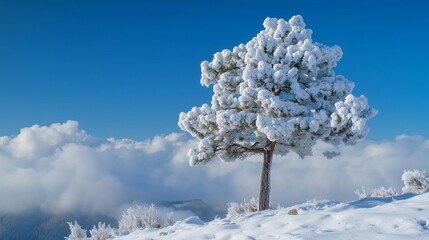 A Scenic Winter Landscape Featuring a Snow Covered Tree