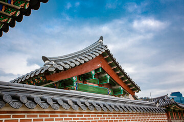Obraz premium Gyeongbokgung Palace is the palace of Joseon Dynasty. Roof. South Korea. Seoul . Architecture of Korea