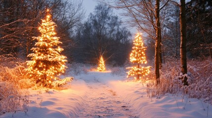 Naklejka premium A snowy path with christmas lights in the trees