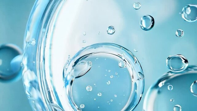 Collagen gel with bubbles drops, Anti aging moisturizing skincare product 3d objects on blue background	