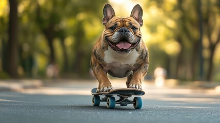 French Bulldog Skateboarding in the Park.