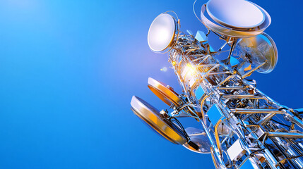 close-up of the top of a communications tower, capturing the antennas and radio equipment against a clear blue sky