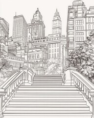 Line art illustration of a staircase at a popular tourist attraction during the pandemic featuring surrounding buildings in the background