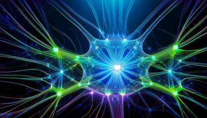 A dynamic, colorful 3D representation of a neural network in action. The image shows interconnected nodes and synapses, glowing with vibrant colors like electric blue and neon green, symbolizing data 