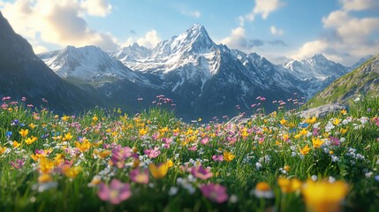 Fototapeta premium A vibrant meadow filled with colorful flowers in front of majestic snow-capped mountains under a clear blue sky.