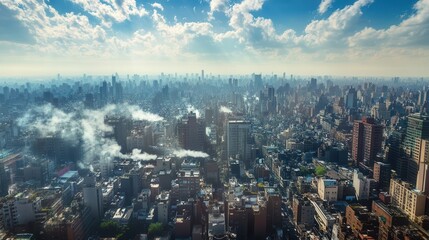 Aerial view of New York City skyline with clouds and smoke.