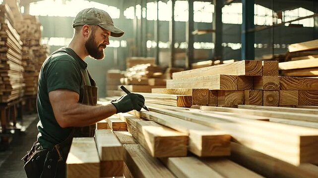 Close-up of a man working at a sawmill warehouse, engaged in tasks with visible sawmill equipment and a well-organized workspace, leaving room