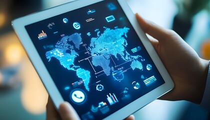 A Person Holding a Tablet with a Digital World Map and Data Visualizations