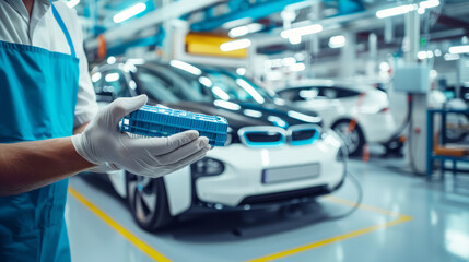 A worker wearing protective gear is holding a high-tech power pack in an electric car factory workshop, surrounded by cutting-edge machinery and tools, showcasing advances in automotive technology.