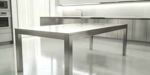 Modern kitchen with a stainless steel table.