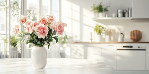 Pink flowers in a white vase on a table. © Murda