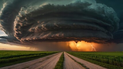Sunset view of supercell storm above green fields and dirt road 