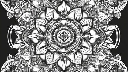Intricate black and white line art illustration of mandala patterns A geometric lace element ideal for prints on various items cards or invitations with an ethical design aesthetic
