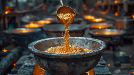 Brilliant reality of goldsmithing: the melting process of gold transforms it, forming the base for intricate jewelry.