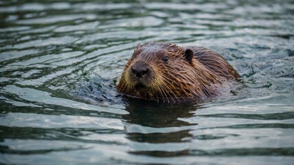 Swimming beaver in Canadian river 