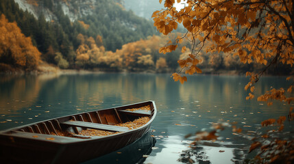Obraz premium Ultra Wide Shot of a Boat on a Vibrant Lake