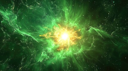 Abstract green background featuring a digital illustration of an explosive star