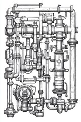 Line art illustration featuring a variety of pipe configurations Industrial design with an included clipping path