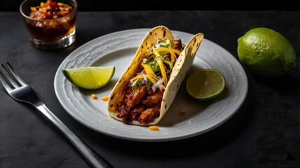 Tacos al pastor on white plate, black background