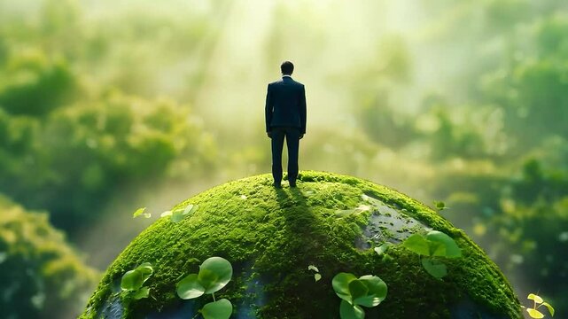 A businessman in suit standing on mini green world ball. ECO friendly. Saving, climate change. Sustainable source. Environmental concept	