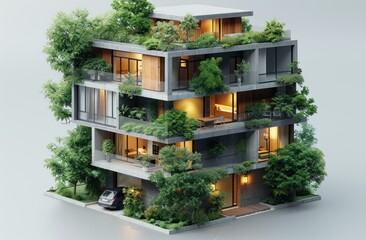 Fototapeta premium 3D isometric model of apartment building green trees